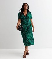 New Look Curves Green Animal Print Lace Trim Midi Dress